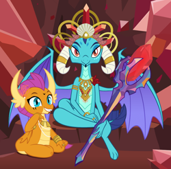 Size: 800x787 | Tagged: safe, artist:queencold, derpibooru import, dragon lord ember, princess ember, smolder, dragon, armband, bloodstone scepter, bracelet, coat markings, coral, crown, dragon lands, dragoness, duo, face paint, female, gem, horn ring, i can't believe it's not hasbro studios, jewelry, looking at you, necklace, nice hat, pearl necklace, queen, regalia, ring, shell, show accurate, tribal, tribal jewelry, tribal marking, tribal markings