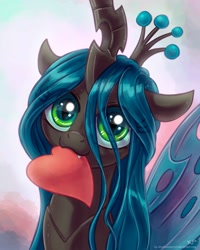 Size: 3200x4000 | Tagged: safe, artist:kp-shadowsquirrel, queen chrysalis, changeling, changeling queen, nymph, :3, biting, bronybait, cute, cutealis, eye clipping through hair, fangs, female, heart, looking at you, love, mouth hold, photoshop, smiling, solo, younger