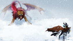 Size: 1900x1053 | Tagged: safe, artist:cosmicunicorn, manny roar, zecora, manticore, zebra, action pose, badass, duo, encounter, fangs, female, glowing eyes, mare, open mouth, snow, snowfall