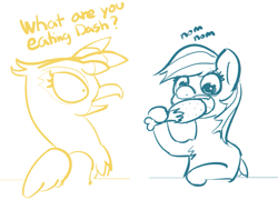 Size: 1155x830 | Tagged: safe, artist:pabbley, gilda, rainbow dash, griffon, pegasus, pony, monochrome, ponies eating meat, sketch