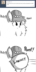 Size: 660x1320 | Tagged: safe, artist:tjpones, oc, oc only, oc:brownie bun, oc:fluffle puff, earth pony, pony, horse wife, comic, fluffy, grayscale, implied fluffle puff, lawsuit, monochrome, parody, pillow, pomf, reference, simple background, solo, tumblr, white background