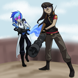 Size: 1280x1280 | Tagged: safe, artist:7nights, dj pon-3, octavia melody, vinyl scratch, human, crossover, duo, female, heavy weapons guy, humanized, medic, minigun, sunglasses, team fortress 2, weapon