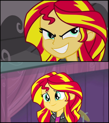 Size: 808x905 | Tagged: safe, sunset shimmer, equestria girls, rainbow rocks, comparison, evil, reformed, smiling, when she smiles