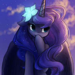 Size: 1500x1500 | Tagged: safe, artist:katputze, princess luna, alicorn, pony, beautiful, bust, cloud, cloudy, covering, covering mouth, cute, female, floppy ears, flower, flower in hair, lidded eyes, lunabetes, mare, missing accessory, outdoors, raised hoof, raised leg, sideways glance, sitting, sky, smiling, solo, spread wings, stars, sunset, wavy mane, wings