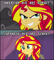 Size: 808x905 | Tagged: safe, edit, edited screencap, screencap, sunset shimmer, equestria girls, rainbow rocks, american kirby is hardcore, comparison, evil, female, image macro, kirby, meme, reformed, smiling, tv tropes, when she smiles