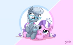 Size: 2560x1600 | Tagged: safe, artist:mysticalpha, diamond tiara, silver spoon, earth pony, pony, abstract background, adorabullies, confused, cute, dawwww, diamondbetes, eye contact, female, filly, glasses, jewelry, looking at each other, necklace, on top, open mouth, pearl necklace, prone, raised eyebrow, shipping fuel, silverbetes, sitting, sitting on, sitting on pony, smiling, tiara, underhoof, wallpaper