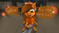 Size: 3000x1687 | Tagged: safe, artist:marsminer, oc, oc only, oc:venus spring, candy, cute, dialogue, female, filly, food, halloween, smiling