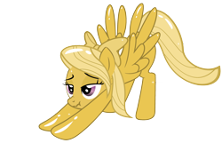 Size: 2880x1855 | Tagged: safe, flitter, pegasus, pony, female, golden, golden pony, hair bow, luster dust, mare, scrunchy face, simple background, spread wings, stretching, transparent background, wings