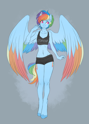 Size: 1584x2194 | Tagged: safe, artist:j3r1k0, derpibooru import, rainbow dash, anthro, pegasus, unguligrade anthro, alternate hairstyle, belly button, both cutie marks, clothes, colored pupils, colored wings, delicious flat chest, female, mare, midriff, multicolored wings, rainbow flat, rainbow wings, shorts, solo, sports bra, sports shorts
