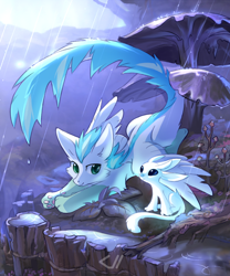 Size: 700x842 | Tagged: safe, artist:tomatocoup, oc, oc:patch, dracony, dragon, hybrid, pony, cute, feathered dragon, male, ori, ori and the blind forest, rain