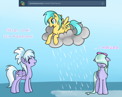 Size: 850x675 | Tagged: safe, artist:marikaefer, cloudchaser, flitter, sunshower raindrops, pony, ask, ask flitter and cloudchaser, rain, tumblr