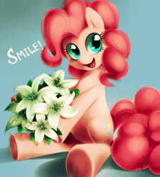 Size: 1000x1100 | Tagged: safe, artist:jiayi, pinkie pie, earth pony, pony, female, flower, gradient background, lily (flower), mare, sitting, smiling, solo, underhoof