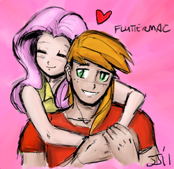 Size: 900x872 | Tagged: safe, artist:johnjoseco, artist:michos, big macintosh, fluttershy, human, arms/forelegs around neck, colored, female, fluttermac, hug, humanized, male, shipping, straight