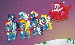 Size: 3000x1800 | Tagged: safe, artist:oemilythepenguino, fire streak, high winds, misty fly, pinkie pie, rainbow dash, soarin', spitfire, surprise, earth pony, pegasus, pony, bell, christmas, colored pupils, cute, eyes closed, fake beard, female, flying, goggles, grin, happy, hat, holiday, hoof hold, male, mare, open mouth, reins, santa hat, sleigh, smiling, snow, spread wings, stallion, wings, wonderbolts