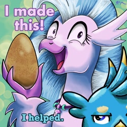 Size: 1024x1024 | Tagged: safe, artist:catscratchpaper, derpibooru import, edit, gallus, silverstream, classical hippogriff, griffon, hippogriff, fanfic:we're eggspecting!, behaving like a bird, blue text, cute, diastreamies, egg, excited, fanfic art, fanfic cover, female, food, funny, gallabetes, gallstream, gallus is not amused, happy, i made this, lidded eyes, looking at you, male, offspring, open mouth, parents:gallstream, pink text, shipping, smiling, straight, text, unamused, wide eyes