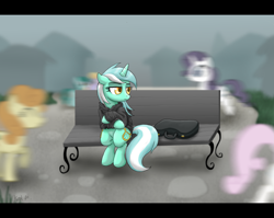 Size: 2263x1800 | Tagged: safe, artist:dawnmistpony, carrot top, cloud kicker, golden harvest, lyra heartstrings, rarity, spring melody, sprinkle medley, twinkleshine, earth pony, pegasus, pony, unicorn, fanfic:background pony, alienation, bench, blurry, case, clothes, crossed hooves, crowd, fanfic, female, hoodie, lonely, mare, motion blur, ponies wearing black, sad, sitting, solo focus