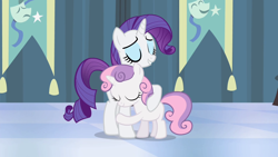 Size: 1280x720 | Tagged: safe, screencap, rarity, sweetie belle, pony, unicorn, for whom the sweetie belle toils, hug, reformed