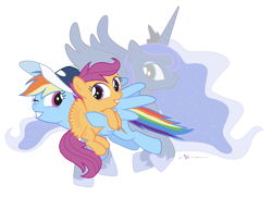 Size: 1800x1300 | Tagged: safe, artist:dm29, princess luna, rainbow dash, scootaloo, alicorn, pegasus, pony, baseball cap, cap, coaching cap, hat, hoof shoes, scootalove, simple background, sisters, transparent background, trio