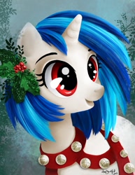 Size: 612x792 | Tagged: safe, artist:paintedhoofprints, dj pon-3, vinyl scratch, pony, unicorn, bells, christmas, cute, female, holly, mare, open mouth, smiling, solo, vinylbetes, wrong eye color