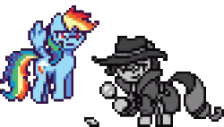 Size: 352x200 | Tagged: safe, artist:mrponiator, rainbow dash, rarity, pegasus, pony, unicorn, rarity investigates, animated, backwards cutie mark, clothes, detective, detective rarity, duo, female, flying, hat, magnifying glass, mare, pixel art, season 5 pixel art, simple background, transparent background
