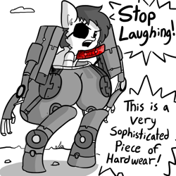 Size: 792x792 | Tagged: safe, artist:tjpones, pony, robot, ass, big boss, eyepatch, limited palette, metal gear, metal gear solid 5, monochrome, neo noir, partial color, ponified, prosthetic limb, the ass was fat