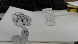 Size: 1280x720 | Tagged: safe, artist:tjpones, oc, oc only, oc:brownie bun, earth pony, pony, horse wife, black and white, craft, cute, cutout, female, food, grayscale, lineart, mare, monochrome, papercraft, peanut butter, sitting, solo, traditional art