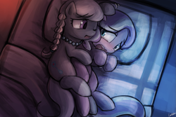 Size: 1125x750 | Tagged: safe, artist:lumineko, diamond tiara, silver spoon, earth pony, pony, crusaders of the lost mark, bed, blushing, comforting, crying, cuddling, diamond tsundiara, female, filly, friendshipping, jewelry, lesbian, looking at each other, necklace, one eye closed, open mouth, pearl necklace, shaking, shipping, silver spooning, silvertiara, spooning