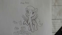 Size: 1280x720 | Tagged: safe, artist:tjpones, derpy hooves, pony, black and white, grayscale, letter, lineart, monochrome, solo, traditional art