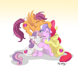 Size: 3542x3096 | Tagged: safe, artist:strixmoonwing, apple bloom, diamond tiara, scootaloo, sweetie belle, earth pony, pegasus, pony, unicorn, crusaders of the lost mark, backwards cutie mark, blushing, crying, cutie mark, cutie mark crusaders, eyes closed, female, filly, floppy ears, flying, forgiveness, gradient background, hug, open mouth, sitting, smiling, tears of joy, the cmc's cutie marks, tiaralove, wink