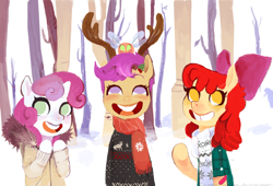 Size: 1280x869 | Tagged: safe, artist:shemhamferosh, apple bloom, scootaloo, sweetie belle, parasprite, semi-anthro, antlers, cutie mark crusaders, faic, female, forest, no pupils, snow, tree