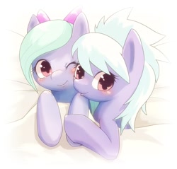 Size: 1000x954 | Tagged: safe, artist:apricolor, cloudchaser, flitter, pegasus, pony, bed, blanket, blushing, bow, cheek squish, cute, cutechaser, duo, duo female, female, flitterbetes, hair bow, holding hooves, looking at you, mare, one eye closed, pixiv, squishy cheeks