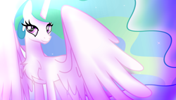 Size: 5292x3000 | Tagged: safe, artist:singalek-onyoutube, derpibooru import, princess celestia, alicorn, pony, 16:9, chest fluff, ethereal mane, female, mare, smiling, solo, spread wings, starry mane, wallpaper, wings