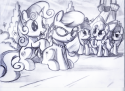 Size: 2340x1700 | Tagged: safe, artist:ruhisu, apple bloom, diamond tiara, scootaloo, silver spoon, sweetie belle, dragonfly, crusaders of the lost mark, accessory swap, cutie mark, cutie mark crusaders, friends, makeover, monochrome, mouth hold, one eye closed, playground, reformed, sitting, smiling, the cmc's cutie marks