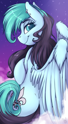 Size: 730x1333 | Tagged: safe, artist:meggchan, oc, oc only, oc:liz, pegasus, pony, bedroom eyes, ear piercing, earring, female, jewelry, looking at you, piercing, pinup, smiling, solo