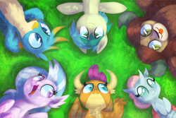 Size: 1500x1000 | Tagged: safe, artist:talonsofwater, derpibooru import, gallus, ocellus, sandbar, silverstream, smolder, yona, changedling, changeling, classical hippogriff, dragon, earth pony, griffon, hippogriff, pony, yak, season 8, :3, :p, colored pupils, cross-eyed, cute, dappled sunlight, diaocelles, diastreamies, dragoness, female, gallabetes, grass, hooves to the chest, looking up, lying down, male, on back, open mouth, park, sandabetes, sideways glance, smiling, smolderbetes, stallion, student six, tongue out, yonadorable