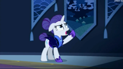 Size: 1893x1063 | Tagged: safe, screencap, rarity, pony, unicorn, the cutie re-mark, bun, castle of the royal pony sisters, floppy ears, frown, glare, night maid rarity, nightmare takeover timeline, open mouth, pointing, solo