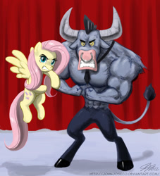 Size: 1100x1210 | Tagged: safe, artist:johnjoseco, fluttershy, iron will, minotaur, pegasus, pony, curtain, curtains, duo, female, flex, flying, mare, nose piercing, nose ring, piercing, stage