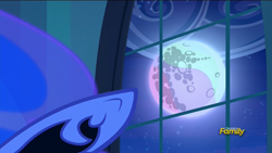 Size: 1920x1080 | Tagged: safe, screencap, nightmare moon, princess celestia, alicorn, pony, the cutie re-mark, alternate timeline, banishment, close-up, discovery family logo, mare in the moon, moon, nightmare takeover timeline, pointing, window