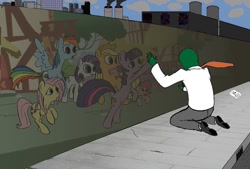 Size: 1024x691 | Tagged: safe, artist:rubrony, applejack, fluttershy, pinkie pie, rainbow dash, rarity, twilight sparkle, oc, oc:anon, earth pony, human, pegasus, pony, unicorn, city, dark satanic mills, end of ponies, fanfic art, feels, female, graffiti, kneeling, mane six, mare, sad, william blake