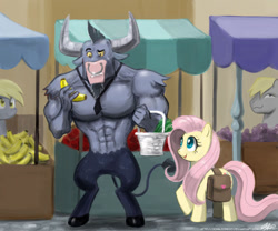 Size: 1300x1083 | Tagged: safe, artist:johnjoseco, derpy hooves, fluttershy, hugh jelly, iron will, earth pony, minotaur, pegasus, pony, banana, basket, female, grapes, male, manly grocery shopping, mare, saddle bag, stallion