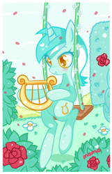 Size: 600x929 | Tagged: safe, artist:ipun, lyra heartstrings, pony, unicorn, blushing, flower, garden, happy, heart eyes, hoof hold, lyre, musical instrument, smiling, solo, swing, wingding eyes