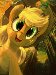 Size: 1500x2000 | Tagged: safe, artist:dimfann, applejack, earth pony, pony, applejack's hat, cowboy hat, cute, female, freckles, hat, jackabetes, looking at you, mare, open mouth, solo, stetson, tree