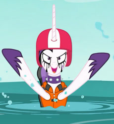 Size: 513x558 | Tagged: safe, derpibooru import, edit, edited screencap, screencap, princess celestia, alicorn, pony, between dark and dawn, cropped, goth, helmet, lifejacket, makeup, punklestia, river, running makeup, solo