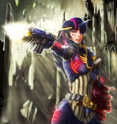 Size: 2300x2437 | Tagged: safe, artist:jboden, twilight sparkle, human, armor, bolter, codex astartes, crossover, horned humanization, humanized, librarian, solo, space marine, ultramarine, warhammer (game), warhammer 40k