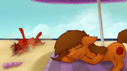 Size: 3000x1687 | Tagged: safe, artist:marsminer, oc, oc only, oc:mars miner, oc:venus spring, beach, cute, dust bath, eyes closed, floppy ears, horses doing horse things, marspring, on back, open mouth, prone, relaxing, rolling, smiling, tongue out, umbrella