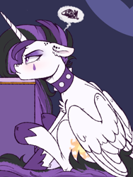 Size: 3000x4000 | Tagged: safe, artist:annakitsun3, derpibooru import, princess celestia, alicorn, pony, between dark and dawn, chest fluff, choker, eyeshadow, female, floppy ears, goth, hoof shoes, makeup, pictogram, pouting, profile, punklestia, sitting, solo, speech bubble, spiked choker