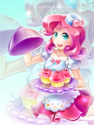 Size: 600x800 | Tagged: safe, artist:canarycharm, pinkie pie, human, clothes, dress, female, humanized, solo, tray, zoom layer