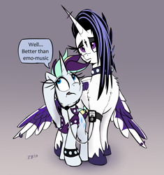 Size: 2195x2334 | Tagged: safe, artist:xbi, derpibooru import, princess celestia, rarity, alicorn, pony, unicorn, between dark and dawn, alternate hairstyle, clothes, earbuds, feather piercing, goth, hoof shoes, horn, horn piercing, piercing, punk, punklestia, raripunk, wing piercing