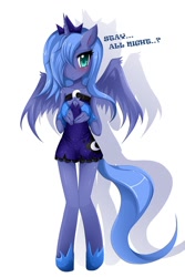 Size: 760x1137 | Tagged: safe, artist:jinzhan, princess luna, anthro, unguligrade anthro, blushing, clothes, crown, dress, female, hair over one eye, jewelry, regalia, s1 luna, skinny, solo