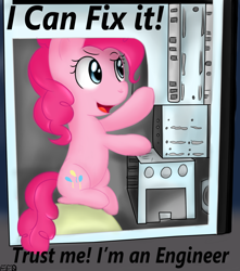 Size: 1110x1257 | Tagged: safe, artist:freefraq, pinkie pie, earth pony, pony, computer, detailed background, female, mare, open mouth, pink coat, pink mane, pink tail, sitting, smiling, solo, text